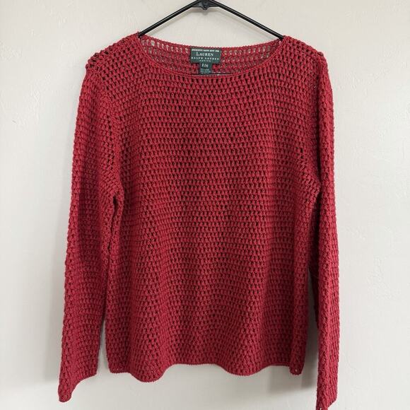 Ralph Lauren Sweaters - 90’s Lauren Ralph Lauren Exclusive Hand Knit Linen Cotton Sweater PM Red Open